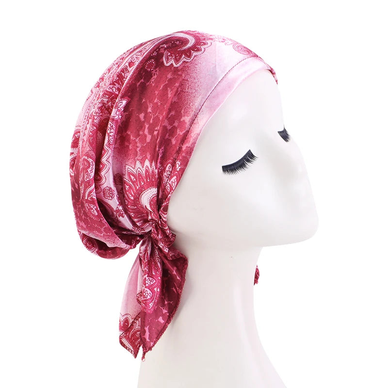 Turbante de satén preatado para mujer, diadema musulmana con patrón de Cachemira, bufanda para el pelo flexible suave, gorro para quimio, Bandana para envolver la cabeza, 2022