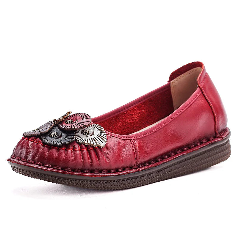 Mocasines Étnicos de Cuero Genuino para Mamá | Punta Redonda | Antideslizantes | Verano 2025