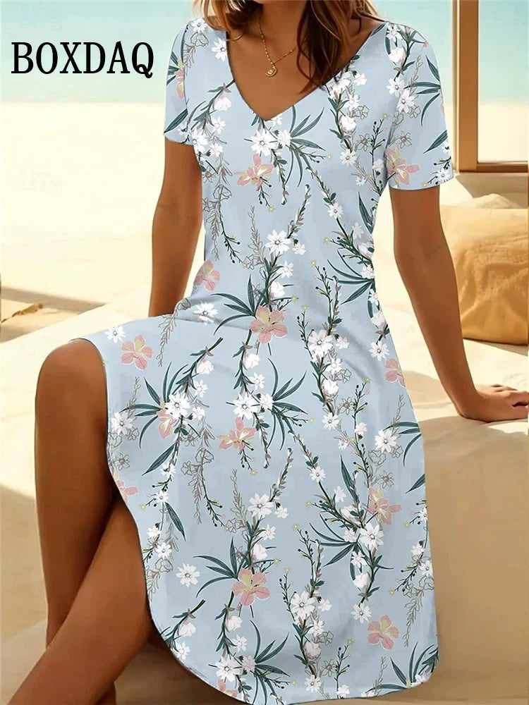 Vestido Vintage para Mujer | Cuello en V y Estampado Floral | Manga Corta para Playa | Tico Trendy