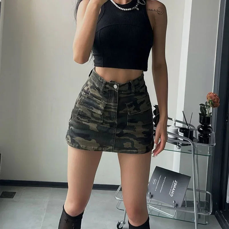 Falda de Mezclilla Camuflaje | Cintura Alta | Estilo Americano Retro