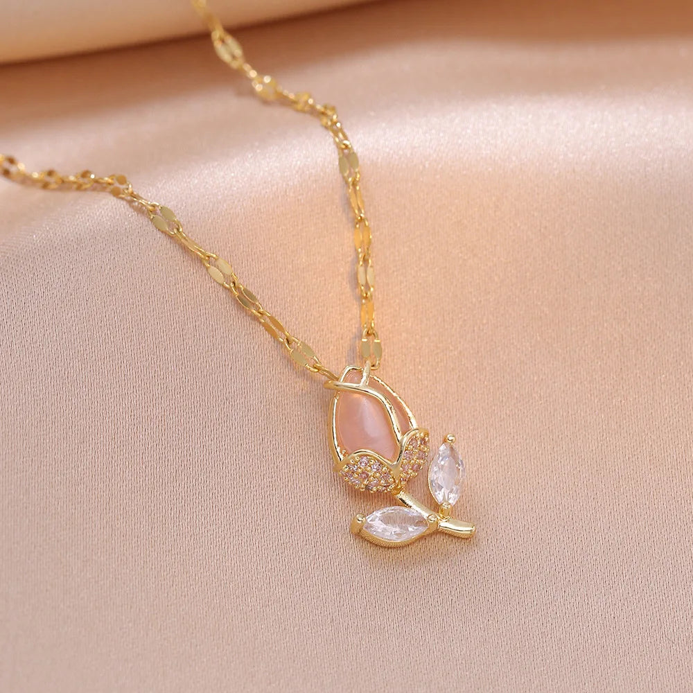 Collares con colgante de tulipán rosa romántico para mujeres y niñas, accesorios de joyería clásicos de acero inoxidable, regalos para amantes