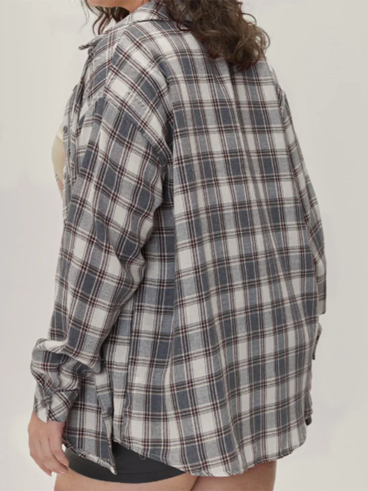 Camisa Cuadros Gris Diseño Simple Plus Size | Manga Larga Holgada | Tallas 1XL-5XL | Tico Trendy