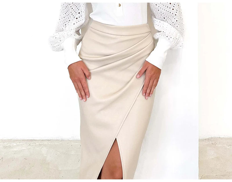 Falda Midi De Cuero Sintético Con Abertura Y Pliegues Sexy