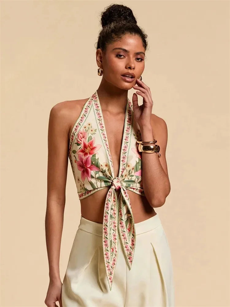 Top corto con cuello Halter y nudo frontal para mujer, Top Sexy sin mangas con estampado Floral y cuello en V, camiseta sin mangas con espalda descubierta, ropa Y2K