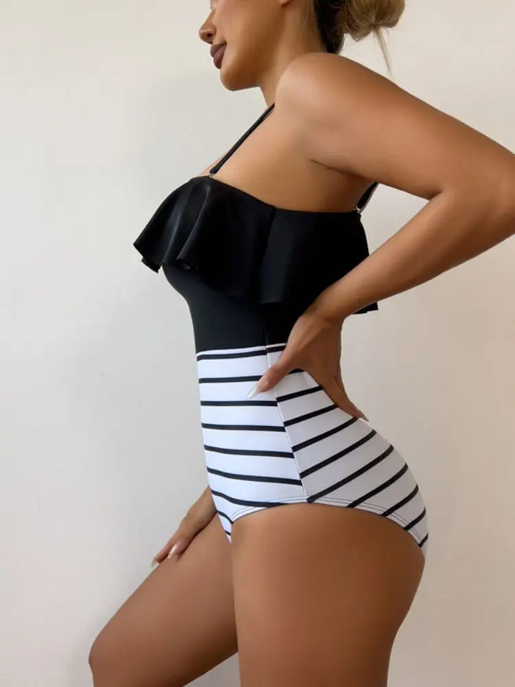 Traje de Baño Enterizo de Cintura Alta | Rayas y Color Bloqueado | Elegante