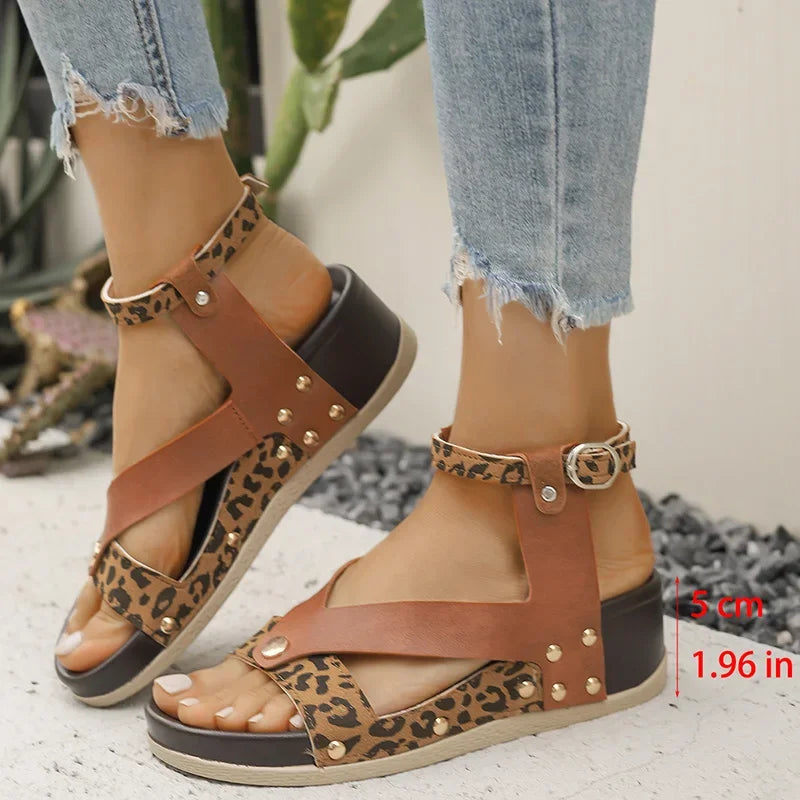 Sandalias de Cuña Leopardo con Correa en Tobillo | Tacón Alto | Talla Grande | Cuero PU