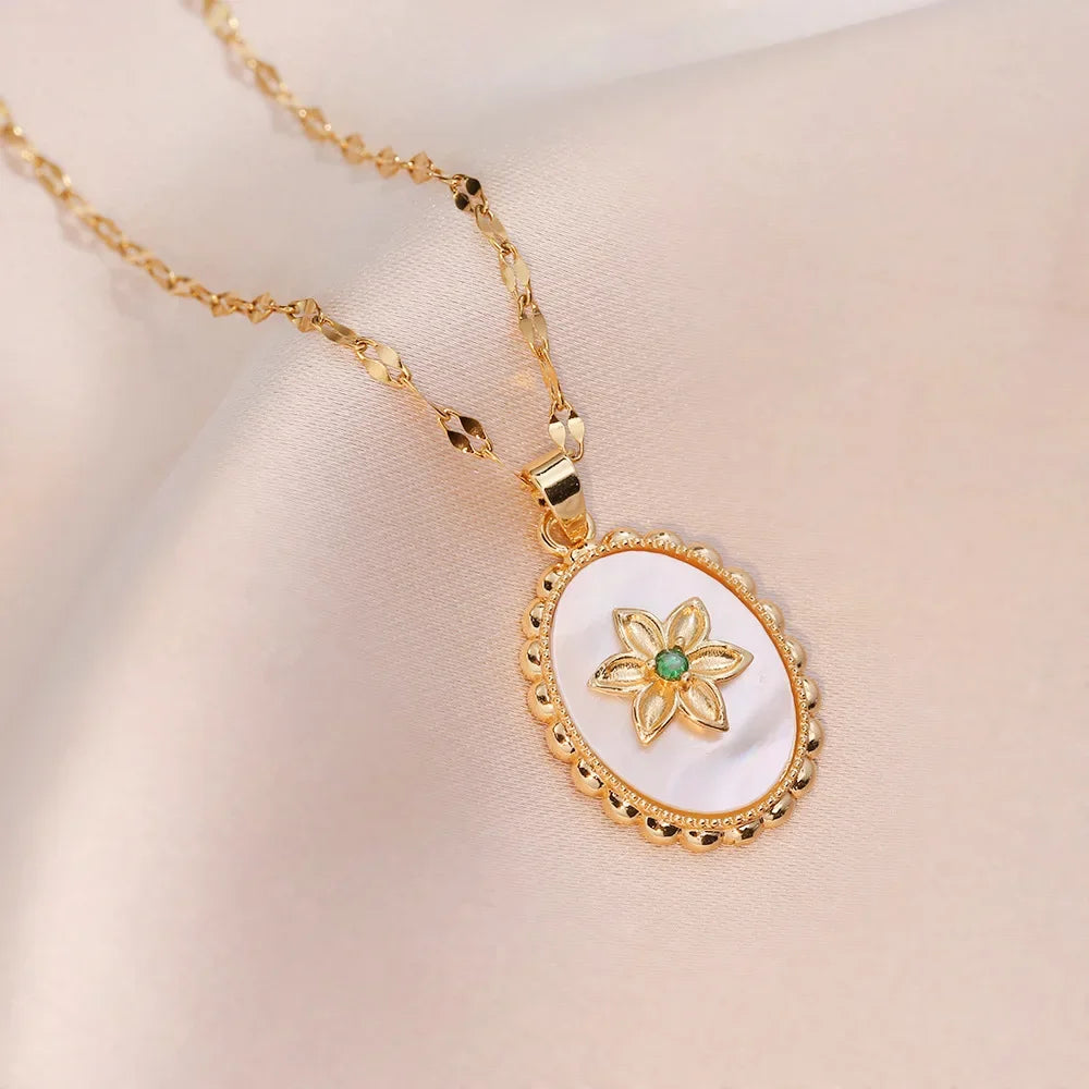 Collar Dorado | Colgante De Flor De Circón Concha Acero Inoxidable Mujeres Niñas