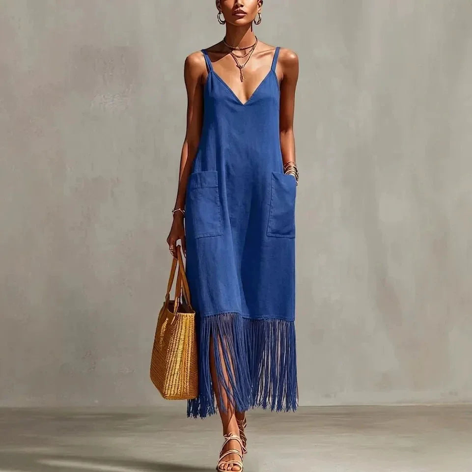 Vestido Largo Casual con Tirantes y Borlas