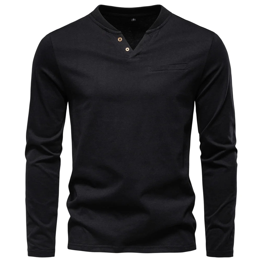Camiseta Cuello Henley Algodón Hombre | Manga Larga Alta Calidad | Tallas S-XXL | Tico Trendy