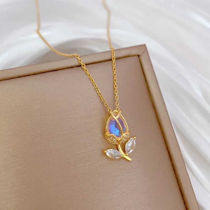 Collares con colgante de tulipán rosa romántico para mujeres y niñas, accesorios de joyería clásicos de acero inoxidable, regalos para amantes