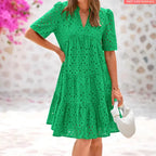 Vestido Bohemio Escote en V con Encaje y Volantes