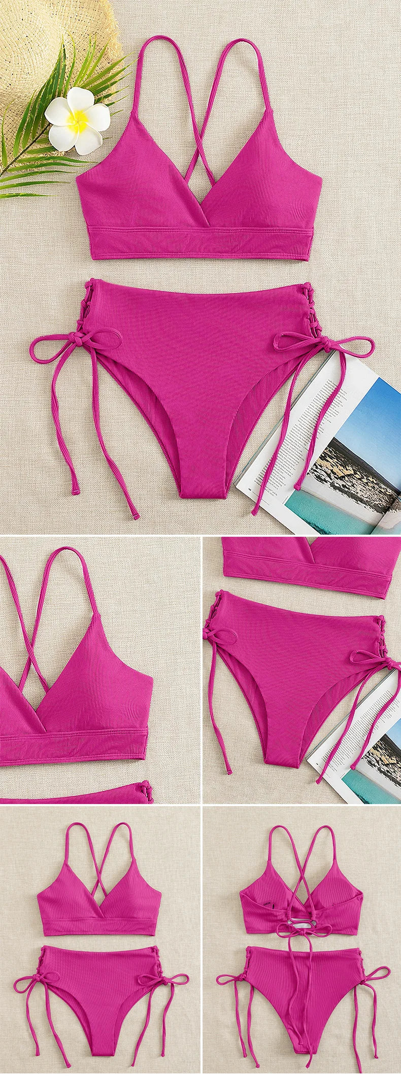 Bikini con Cordones y Cuello en V Profundo - Triangulares