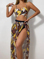 Bikini Sexy con Falda Larga de Malla - Conjunto de 3 Piezas para Playa