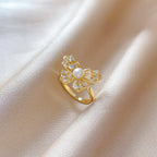 Anillo de mariposa de circón y perla de imitación de lujo ostentoso para mujer, anillo de cobre abierto ajustable de Color dorado, regalos de joyería para fiesta y boda