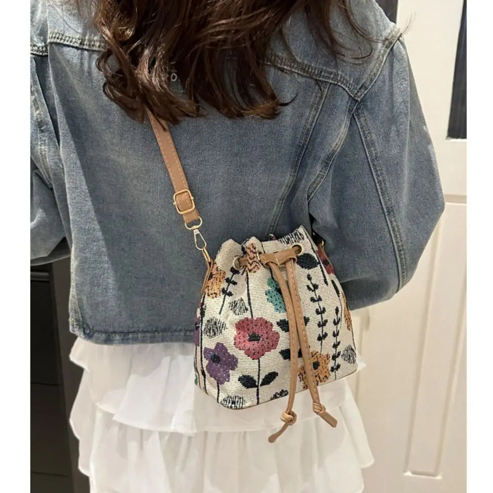 Bolso Tipo Cubo de Lino Floral Étnico para Mujer