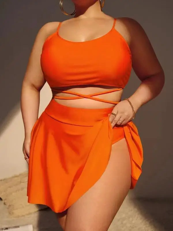 Bikini de 3 Piezas Talla Grande | Falda Cintura Alta | Color Sólido