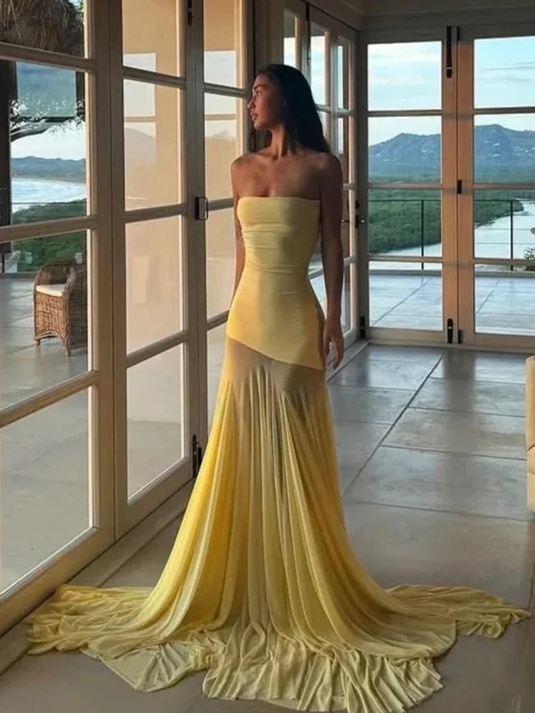 Vestido Patchwork Transparente 2025 | Plisado sin Tirantes | Espalda Descubierta | Banquete