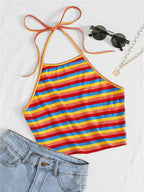 Top Halter a rayas de punto acanalado de arcoíris para mujer, ropa Sexy de verano Y2K, moda coreana, Top corto sin mangas con espalda descubierta, ropa de calle 2023