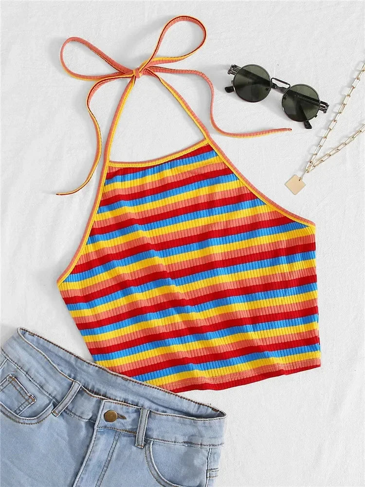 Top Halter a rayas de punto acanalado de arcoíris para mujer, ropa Sexy de verano Y2K, moda coreana, Top corto sin mangas con espalda descubierta, ropa de calle 2023