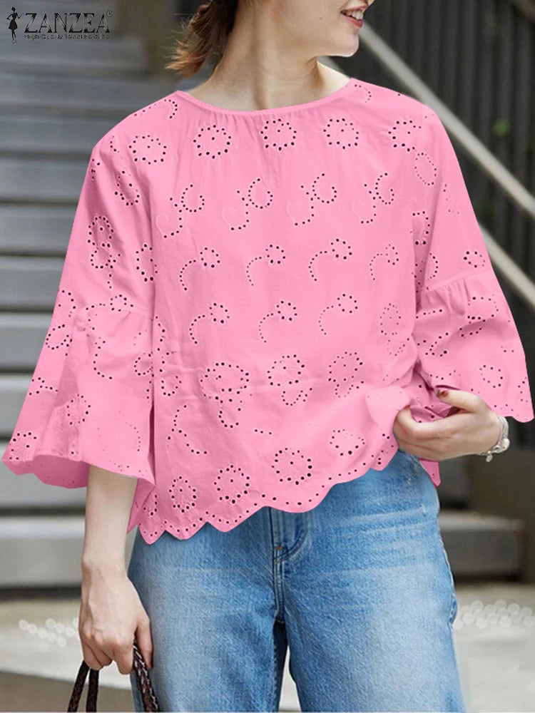 Elegante Blusa de Verano Bohemio Manga Tres Cuartos con Huecos