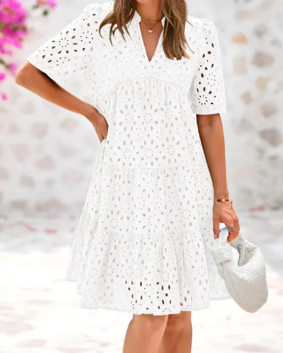 Vestido Bohemio Escote en V con Encaje y Volantes