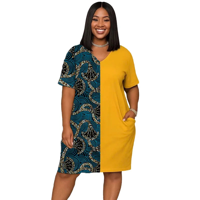 Vestido Africano Cuello en V con Patchwork Amarillo