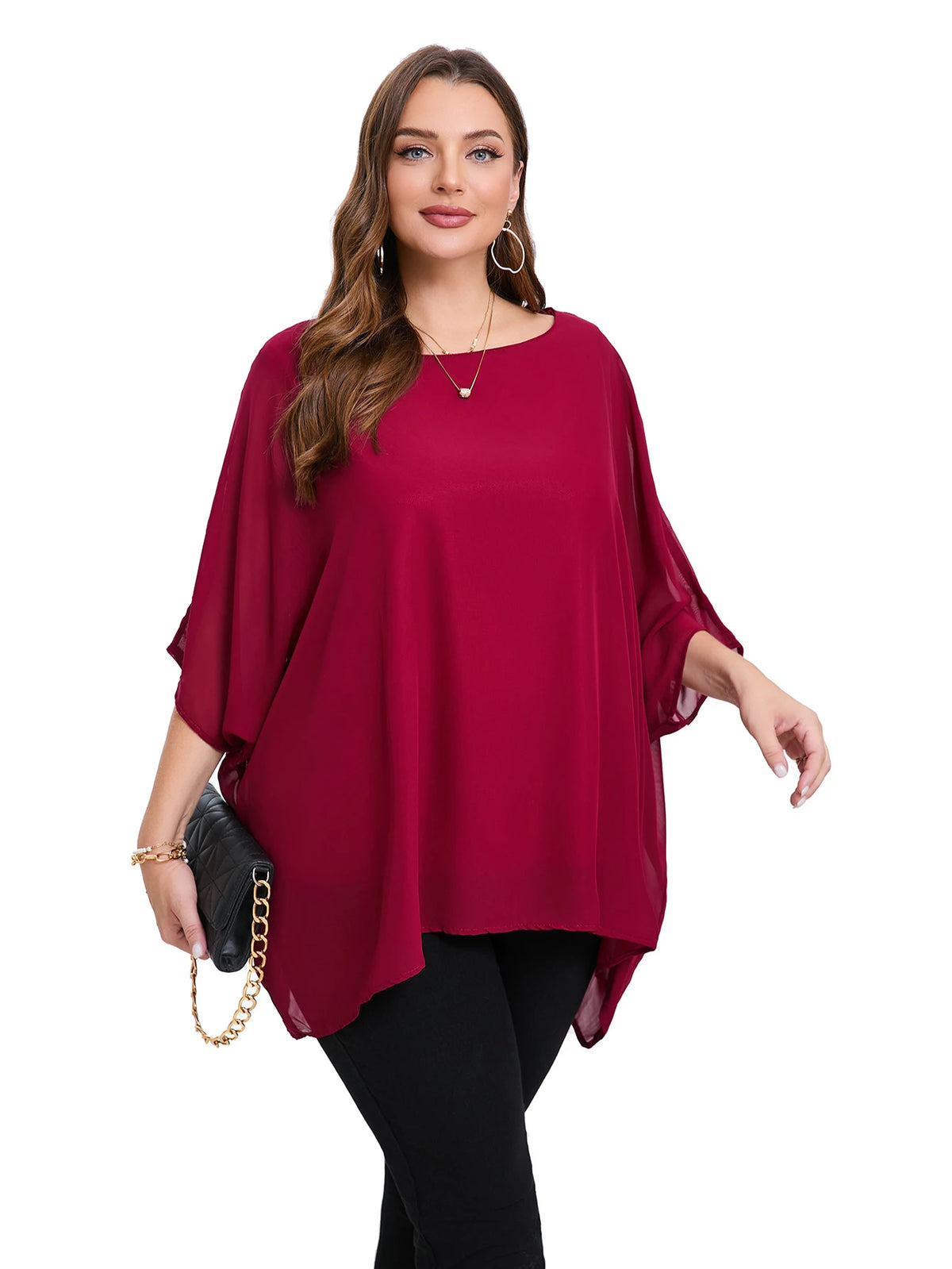 Blusa de Gasa Manga Murciélago Plus Size | Cuello Redondo Holgada | Tallas 2XL-8XL | Tico Trendy