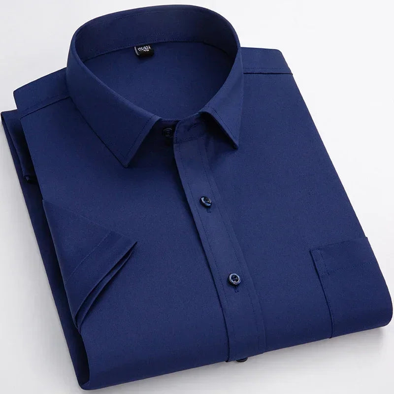 2025 Camisa de vestir antiarrugas elástica sin hierro para hombre, camisa de manga corta para hombre, Camisas sociales formales