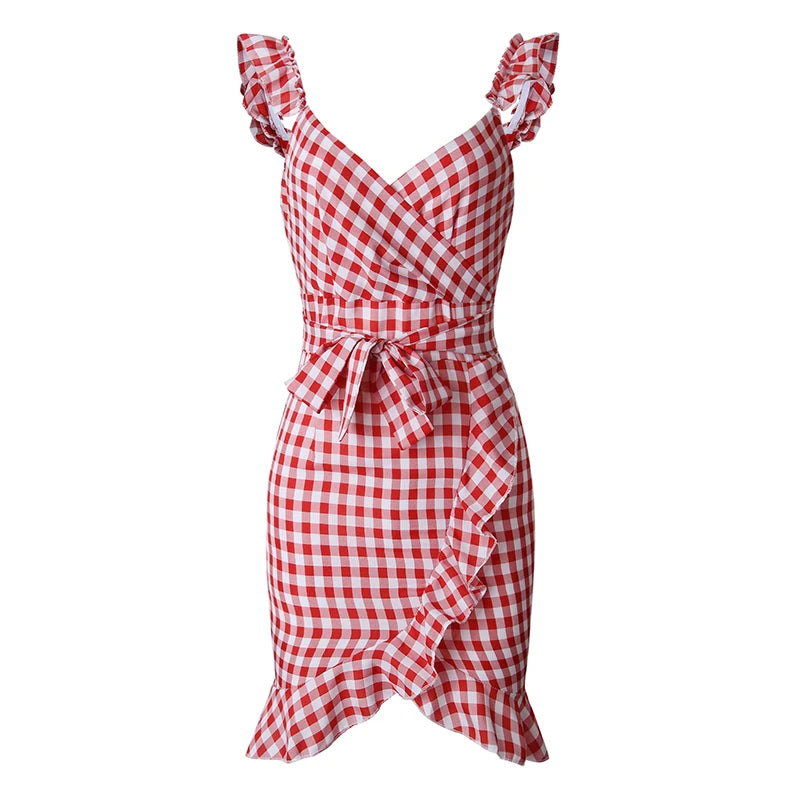 Vestido ajustado a cuadros personalizable con cordones para mujer, vestido de verano con volantes y hombros descubiertos, cuello en V, Espalda descubierta, vestidos irregulares con pajarita