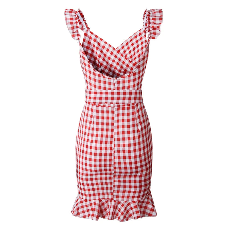 Vestido ajustado a cuadros personalizable con cordones para mujer, vestido de verano con volantes y hombros descubiertos, cuello en V, Espalda descubierta, vestidos irregulares con pajarita