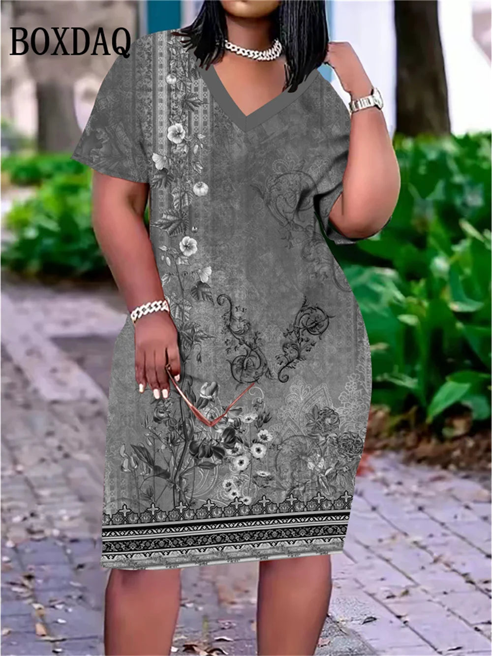 Vestido de Manga Corta con Estampado 3D de Calavera | Cuello en V y Talla Grande | Moda Verano | Tico Trendy