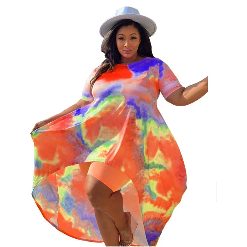 Conjuntos de pantalones cortos de talla grande para mujer, trajes de dos piezas de estilo Tie Dye, Top largo, Leggings cortos, trajes al por mayor, envío directo