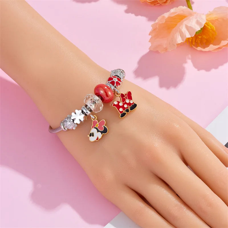 Pulseras con dijes de dibujos animados de Disney para mujeres y niñas, pulseras con cabeza de Mickey y Minnie Mouse, encantadoras cuentas de bricolaje, accesorios de mano, regalos