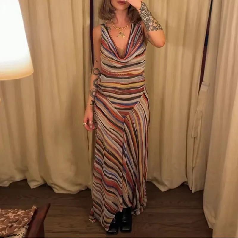 Vestido de Fiesta Rayas Onduladas Cintura Ajustada