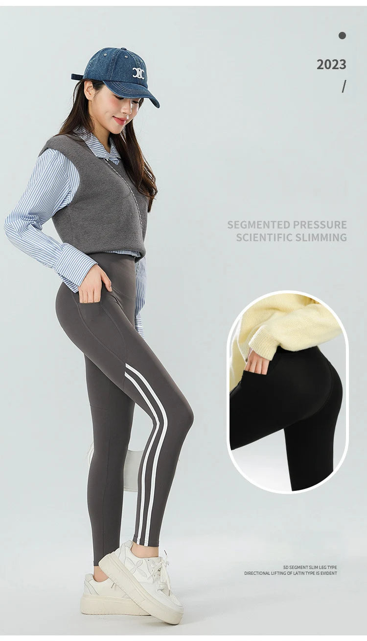 Mallas Piel Tiburón Raya Bolsillo | Cintura Alta Ajustado Fitness | Yoga Ciclismo Correr Otoño | Ticotrendy