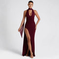 Vestido Maxi Halter Sexy Club Cuello V Profundo | Abertura Muslo Ajuste Delgado