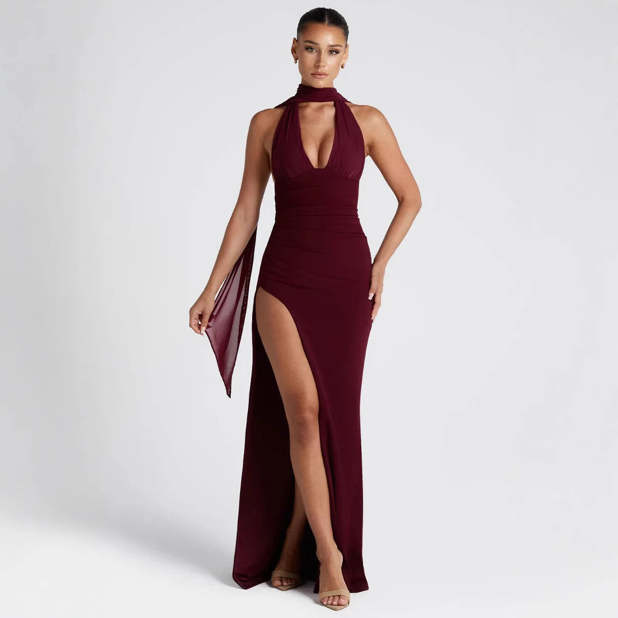 Vestido Maxi Halter Sexy Club Cuello V Profundo | Abertura Muslo Ajuste Delgado