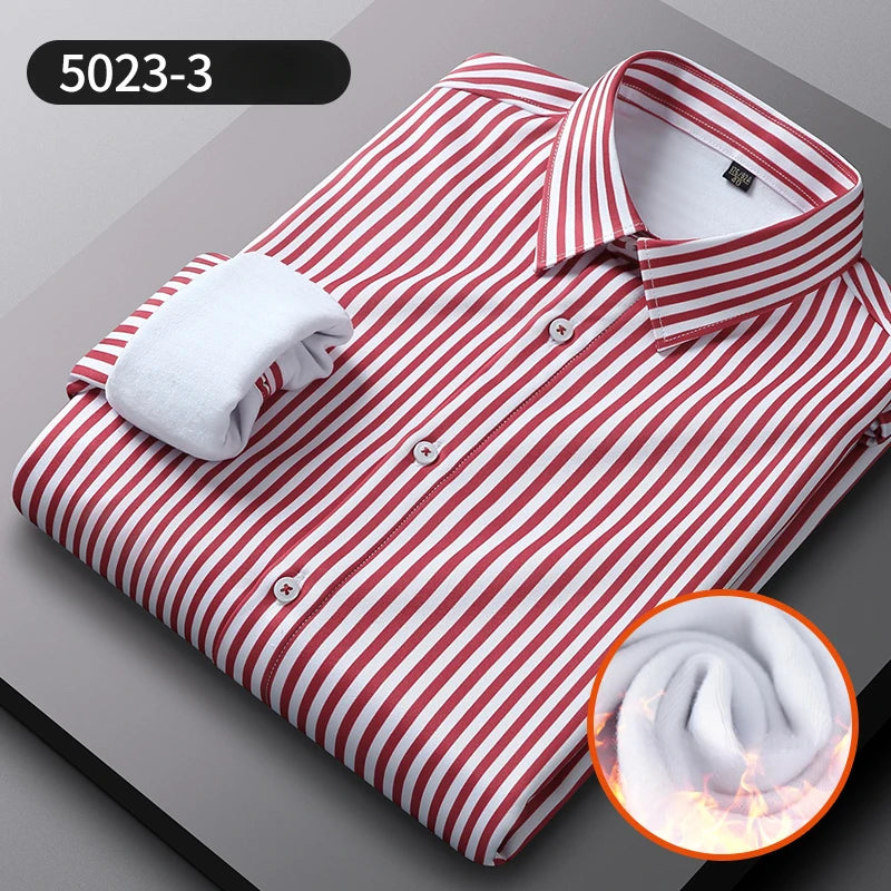 Camisa Rayas Terciopelo Hombre | Engrosada Cálida | Negocios Casual | Invierno S-4XL