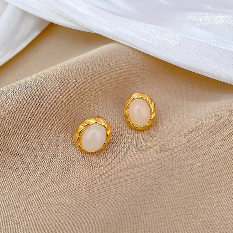 Pendientes ovalados de piedra lunar simples de Color dorado para mujeres y niñas, pendientes de acero inoxidable a la moda, accesorios diarios, regalos de joyería