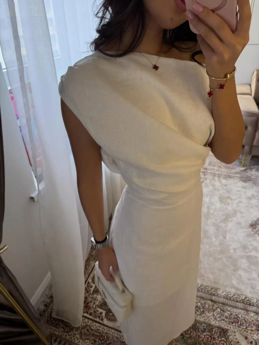 Vestido de Lino y Algodón Un Hombro para Fiesta