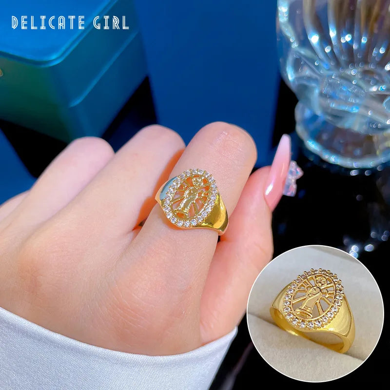 Anillo de Jesús de circón chapado en oro de 18 quilates para mujeres y hombres, anillo de cobre ajustable Vintage que se puede abrir, accesorios de joyería, regalos para amigos