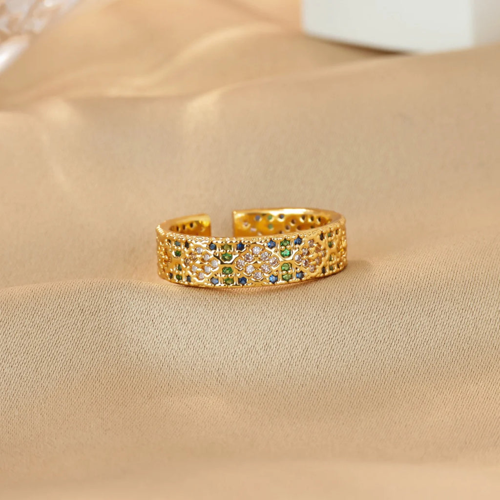 Anillo Ticotrendy Lujo | Circón Arcoíris | Abierto Acero Oro | Joyería Moda
