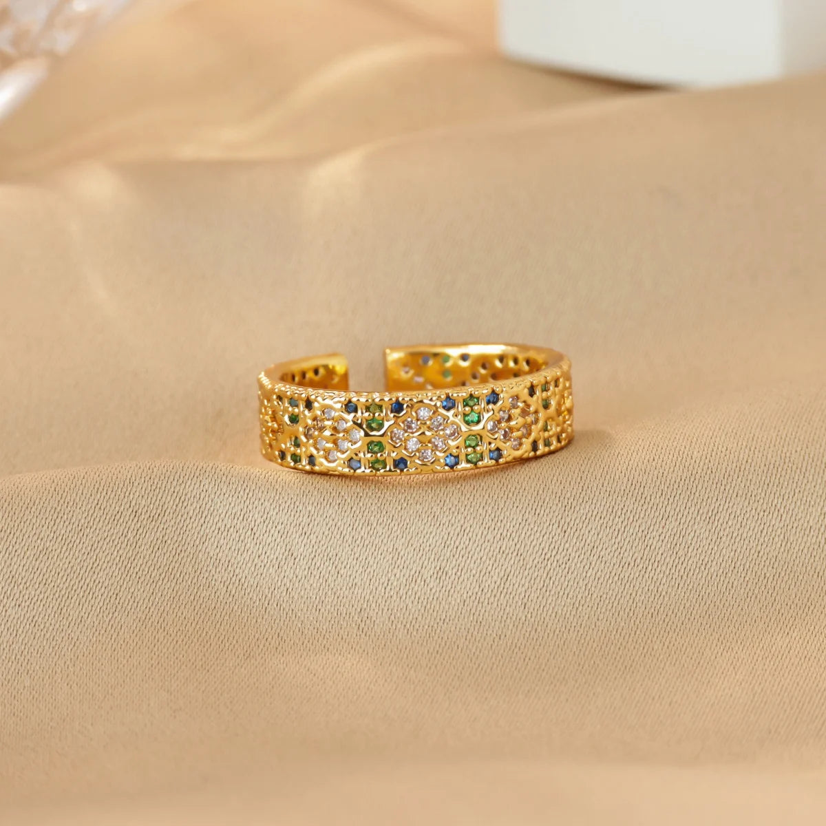 Anillo Ticotrendy Lujo | Circón Arcoíris | Abierto Acero Oro | Joyería Moda