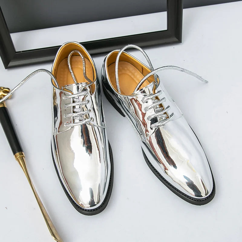 Zapatos Hombre Charol Plateados Lujo Boda Fiesta Punta Puntiaguda | Talla Grande