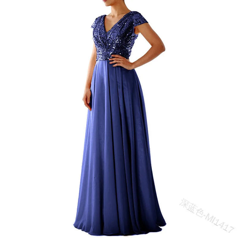 Vestido Cóctel Gasa Plisado Elegante Lentejuelas | Cuello V Formal Longitud Suelo