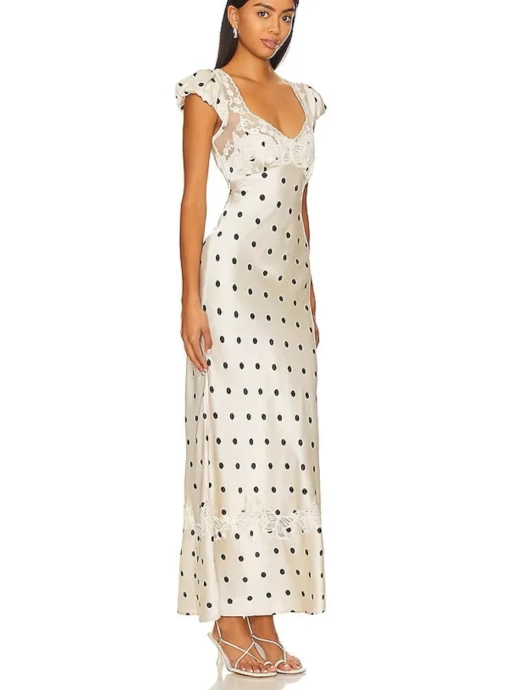 Vestido Maxi Lunares Encaje Espalda Descubierta | Estilo Francés Dulce Primavera Verano