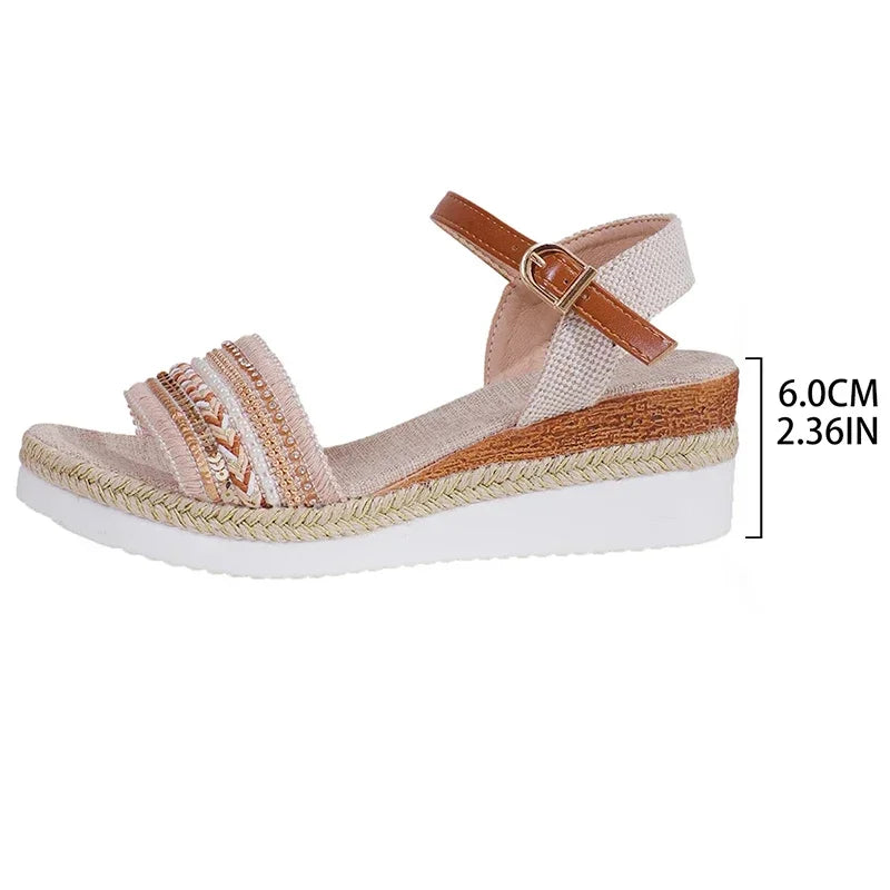 Sandalias Plataforma Cuña Vintage Flecos Cáñamo | Calzado Casual Estilo Moderno