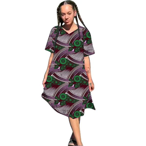 Vestido Africano Ankara de Manga Corta y Cuello en V