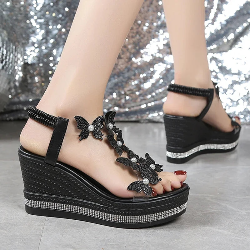 Sandalias de cuña de mariposa con cristales a la moda, Sandalias de verano con plataforma gruesa y banda elástica para mujer, Sandalias de tacón alto con perlas 43