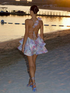 Vestido elegante con empalme de flores en 3d para mujer, minivestido con cordones, sin espalda, sin mangas, con dobladillo plegable, para playa